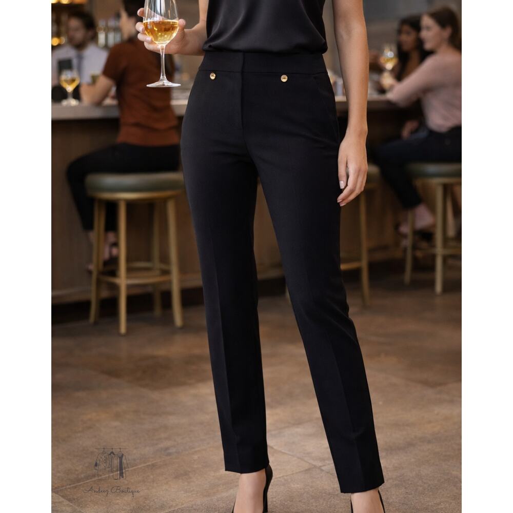 Anne Klein Black Dress Pants – Gold Button Accent | Size 6